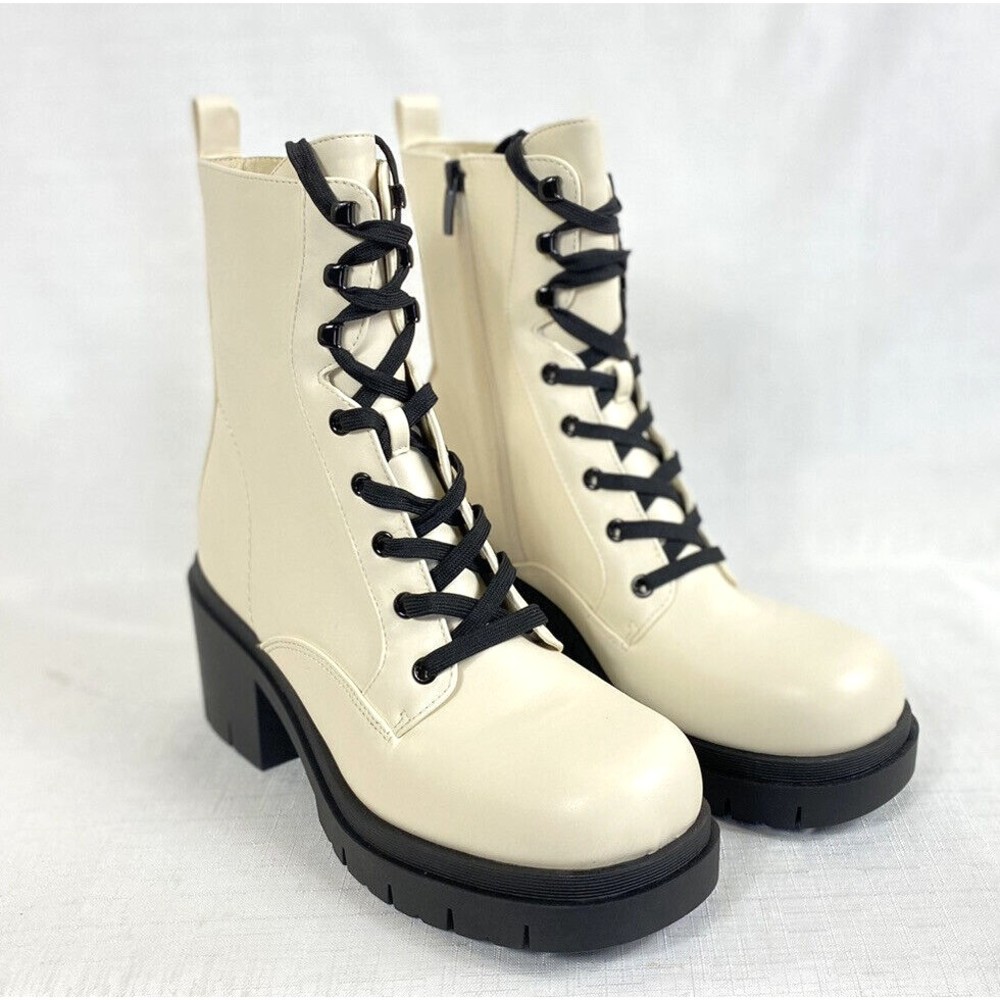 Nine West Combat Boots Platform Women's Size 10M Cream Black Lace Up Steam Punk